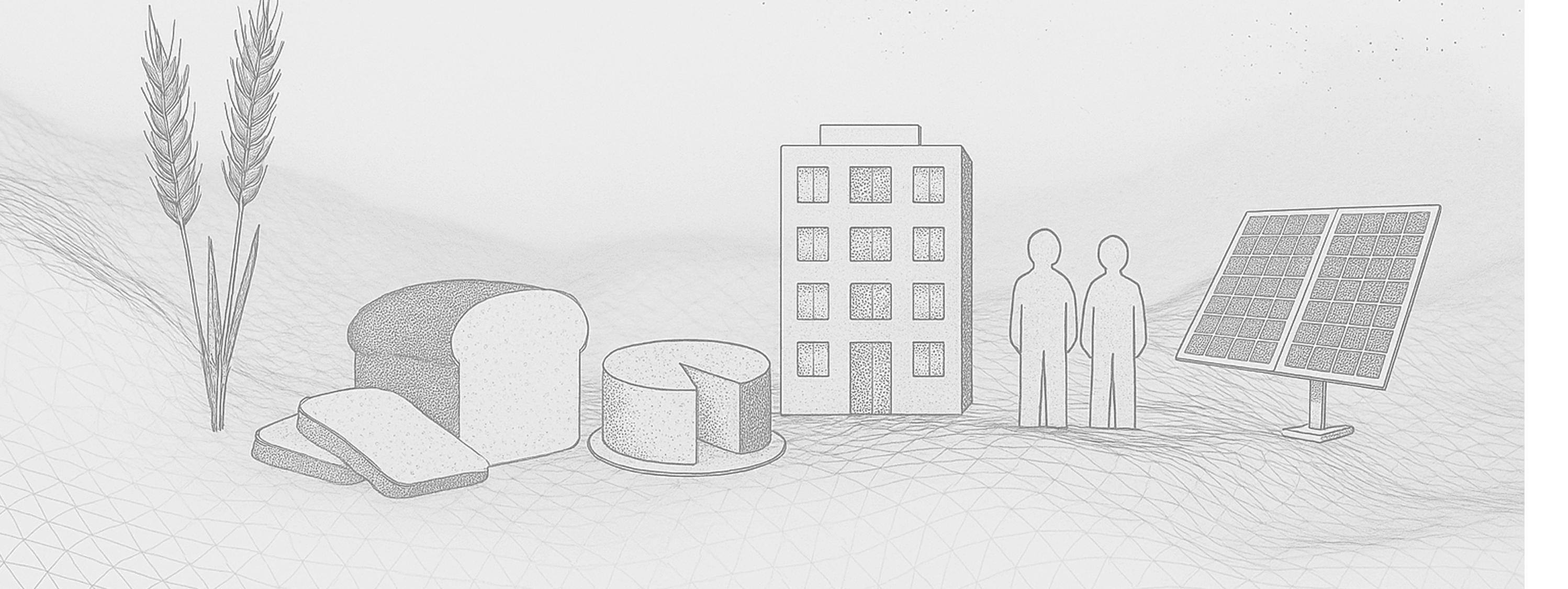 Dot and line artwork of objects like bread, cake, buildings, solar panels, people, etc.