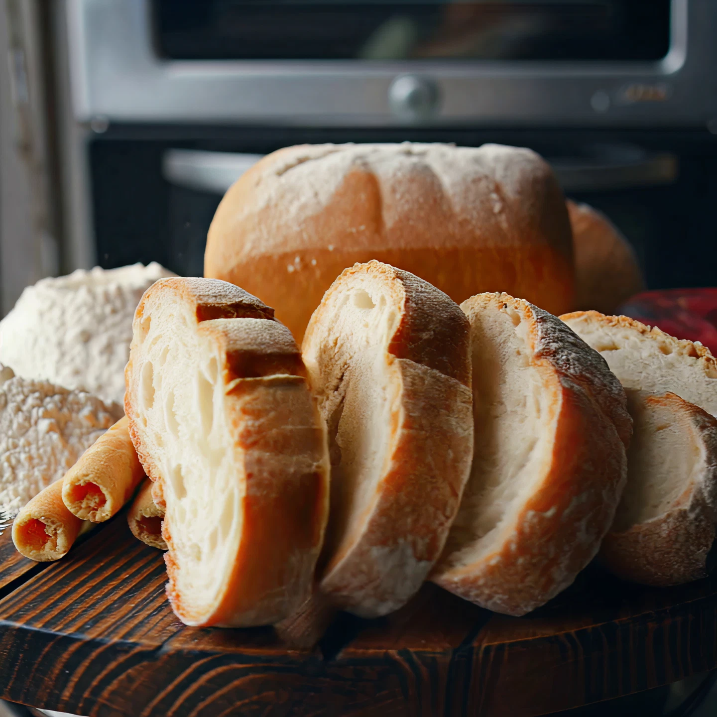 Bread, other baked items and flour shown on a table