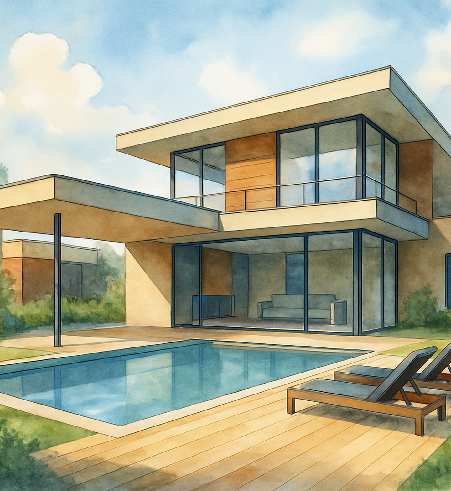 A modern Indian villa with pool in watercolor art style